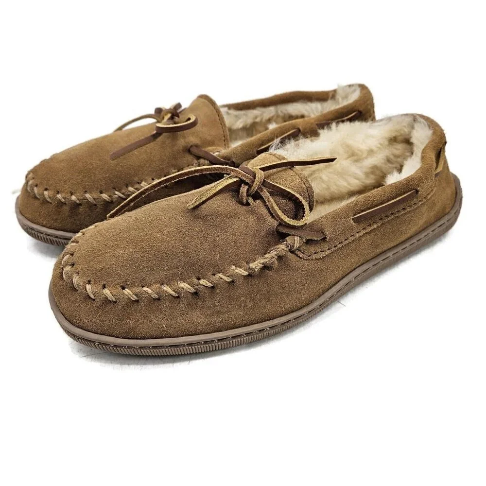 New Minnetonka Sheepskin Hardsole Moccasins Mens 10 Golden Tan 3741 Slippers